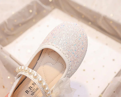 Girls Oxfords Bling Shoes Spring Autumn Kids School Dancing Shoes Pearl Beadings Big Girls Soft PU Leather Shoes Pink, Beige