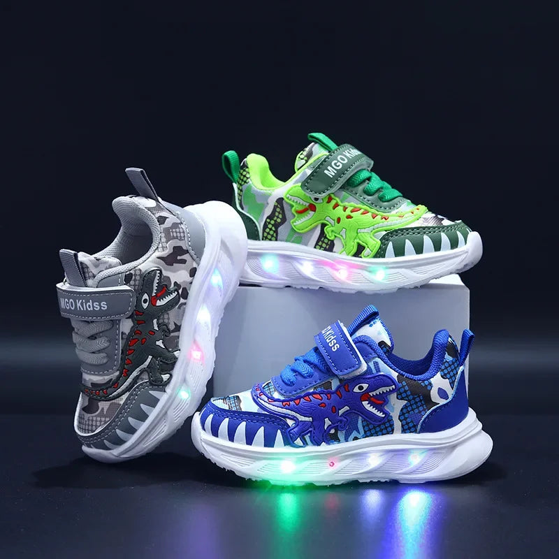 Spring New Children's Sports Shoes Cartoon Dinosaur Children's LED Light Shoes Soft Sole Boys' Causal Sneakers 2-6 Years Old