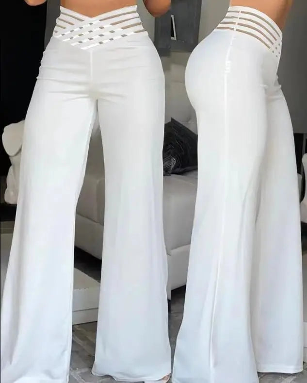Women Wide Leg Flared Pants  Spring Casual Crisscross Sheer Mesh Patch High Waist Trousers Y2k Streetwear Elegant Work Pant (Available)
