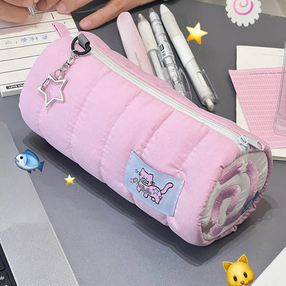 INS Pink Pen Bag Soft Towel Roll Large Capacity Pencil Case Stationery Cosmetic Storage Bag Organizer Creative Students Gift