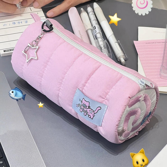 INS Pink Pen Bag Soft Towel Roll Large Capacity Pencil Case Stationery Cosmetic Storage Bag Organizer Creative Students Gift