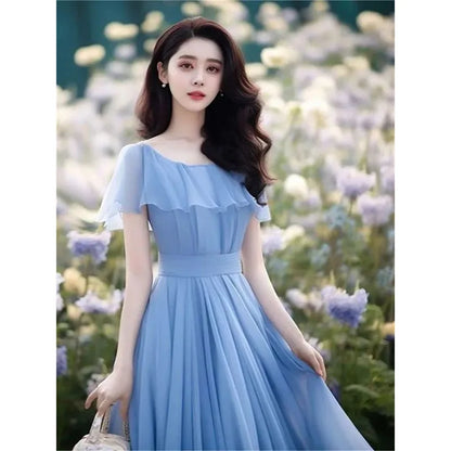 Seaside Vacation Gentle Wind Blue Long Dress Women Dress Summer Autumn Beautiful  Chiffon Dress Waist Cinching Fairy Dresse