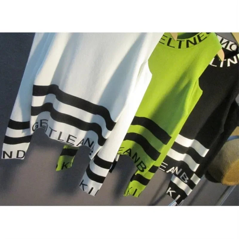 Women's Round Neck Autumn Winter High Waisted Short Off Shoulder Letter Stripe Long Sleeved Pullover Knitted Bottom Sweater Tops