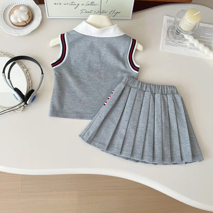 Baby Girl College Style Summer 2PCS Clothes Set Polo Collar Kid Girl Vest Top Set Thin Stylish Stripe Pleated Skirt Belle Outfit