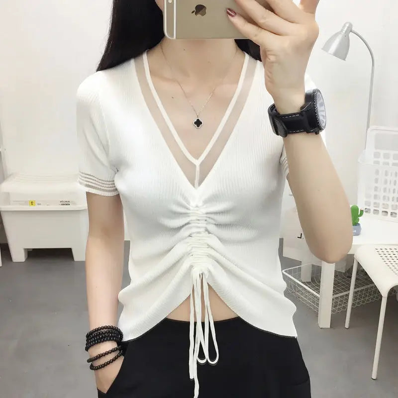 Ice Silk Short Sleeve T-shirt for Women in Summer New Thin V Neck Drawstring Solid Color Casual Tops Fashion Office Clothing