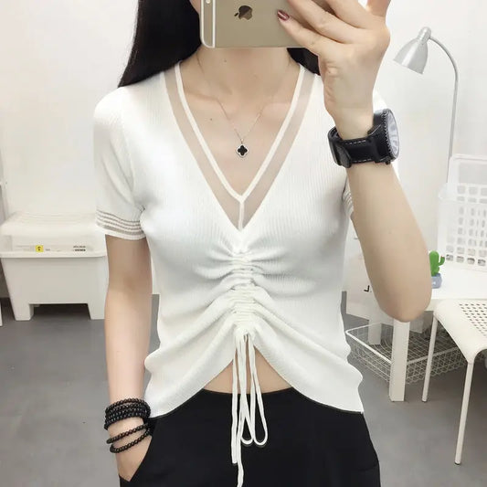 Ice Silk Short Sleeve T-shirt for Women in Summer New Thin V Neck Drawstring Solid Color Casual Tops Fashion Office Clothing