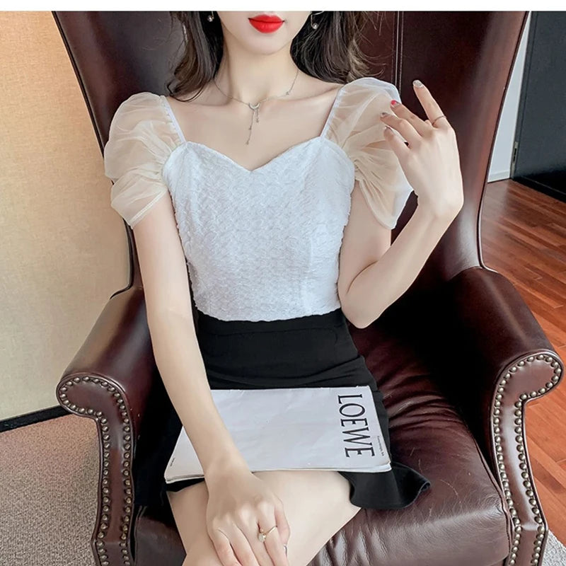 Summer Mesh Spliced Women Puff Sleeve Square Neck T Shirts Lady French Fashion Elegant Sweet Slim Fit Clothing Tops Black White