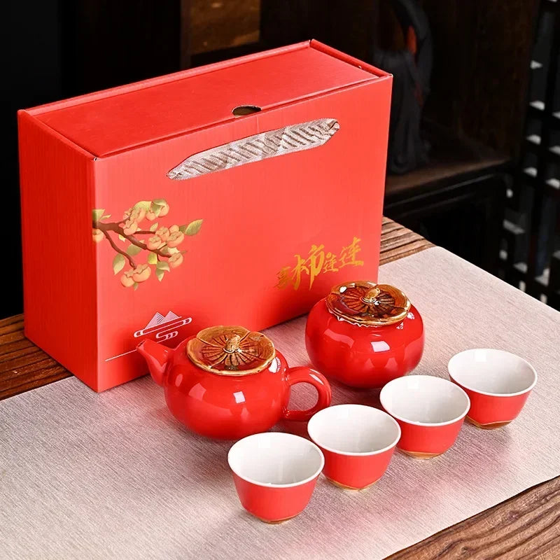 Auspicious Red Ceramic Tea Set Gift Box - Chinese New Year Wedding Corporate Gifts, Good Fortune Design Teapot & Cups