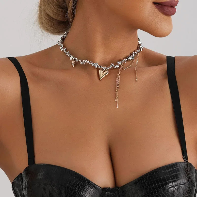 Women Trendy Love Tassel Pendant for Female Irregular Beaded Collarbone Chain Metal Design Fashion Necklace Jewelry Gift
