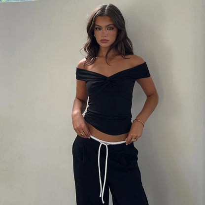 Faionable Pure Color Knot Fold over One oulder ort Crop Top T-irt Street Sle Slim Fit Polyester Summer New Arrival