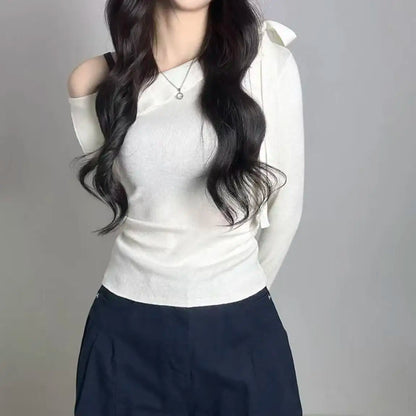 Women's Knitted Sweater Chic oulder Bow Design Long Sve Sweet Inner Wear Base irt Korean Sle Faionable Top