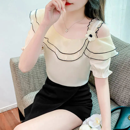 Sweet Slash Neck Off Shoulder Ruffles Blouses Female Clothing 2025 Summer New Loose Solid Color Korean Tops Puff Sleeve Shirts