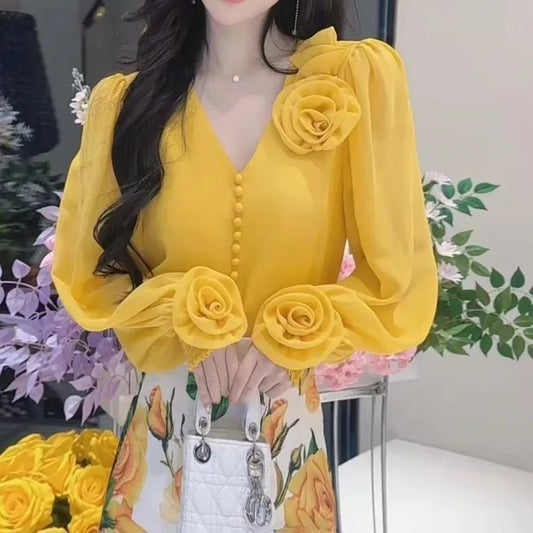Vintage Elegant 3d Flower V-neck Shirt Women Spring Autumn All-match Blusas Mujer De Moda 2025 Fashion E-girl Blouses