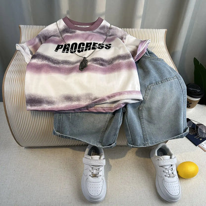 New Boys Fashion Summer Cotton Letter Printing T-shirts+Graffiti Denim Shorts 2pcs Set Kids Korean Outfits Sets Children Clothes