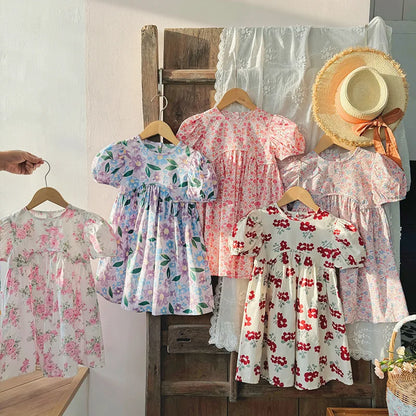 Summer Kids Girls Dresses Short Sleeve A Line Girls Dresses Floral Print Pleated Dress For Girl