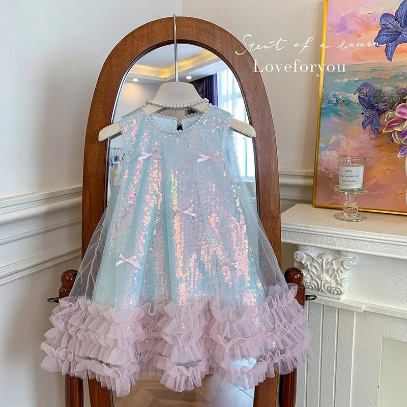 Girls' Dress, Summer New Style, Children's Butterfly Sequin Vest High-end Princess Baby Girl Dress