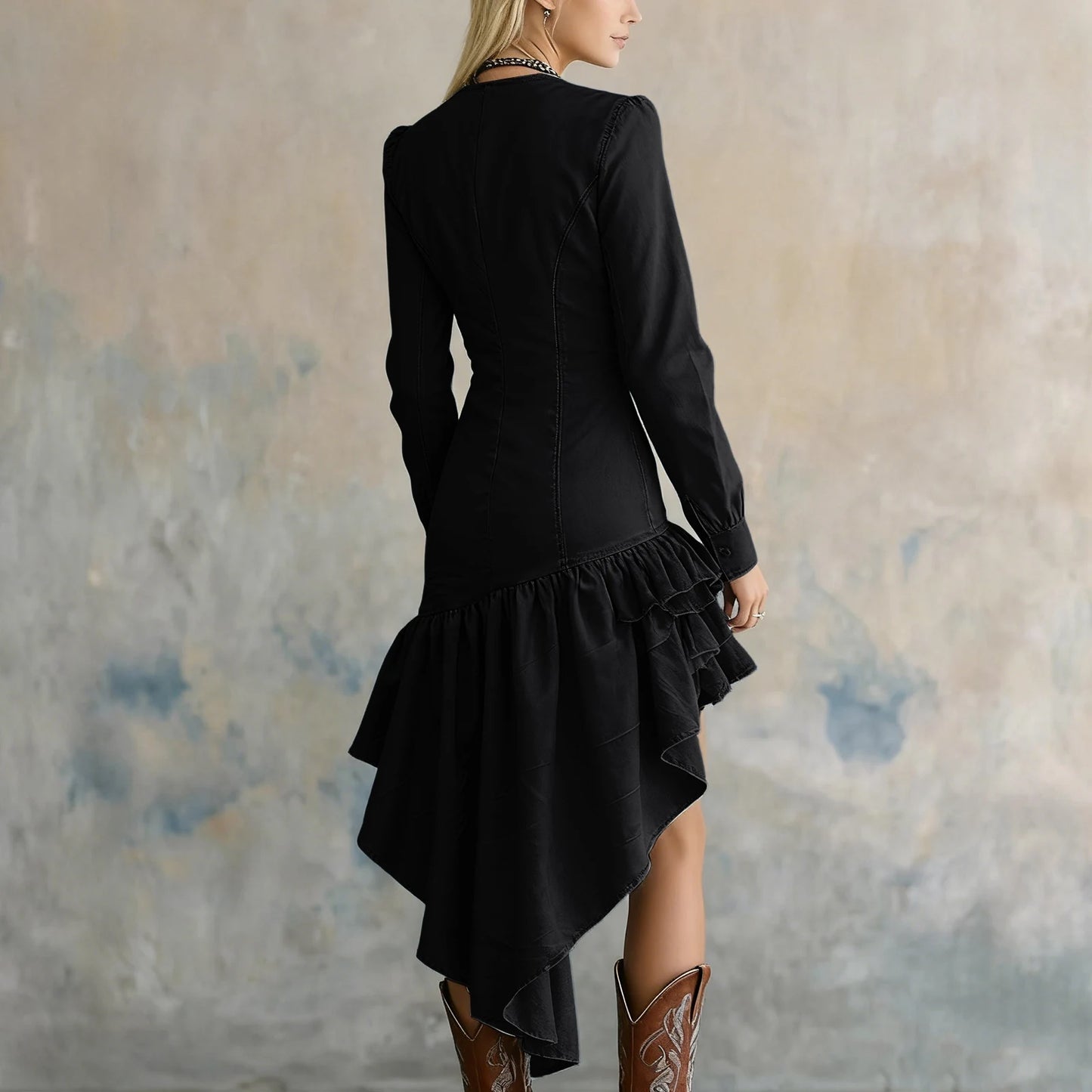 Retro Western Countryside Style Dress Ruffle Lace Collar Irregular Hem Dress Winter Women'S Fashionable Dress