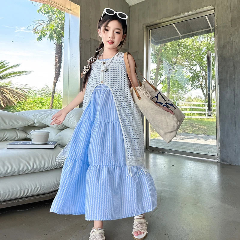 5-14Years Old Girls Dress Children Summer Sweet Beach Holiday Gown Kids Dresses Teenager Sleeveless Clothing Sets