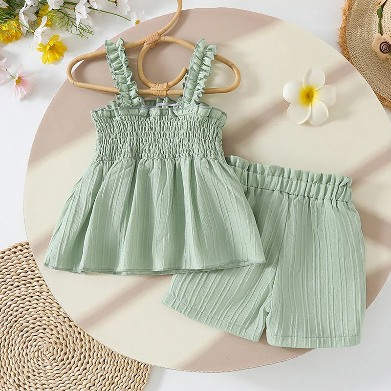 0-4years Baby Girl Summer Outfit 3D Flower Design Ruffled Trim Smocked Sleeveless Tops and Shorts 2 Pcs Set for Toddler girls