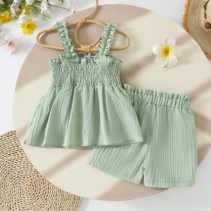 0-4years Baby Girl Summer Outfit 3D Flower Design Ruffled Trim Smocked Sleeveless Tops and Shorts 2 Pcs Set for Toddler girls