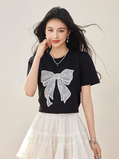 Summer New Sweet Short Sleeved T-shirt Women Fashion Bow Tops Harajuku Casual Simple T-shirt Y2k Top