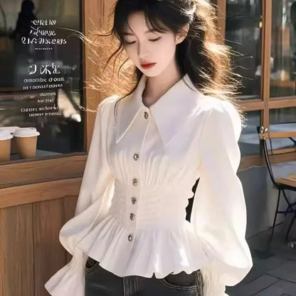 French Slim-fit Waistline Shirt 2025 Spring Summer Women Elegant Blouse Femae Longsleeve Shirt Office Lady White Base Shirt