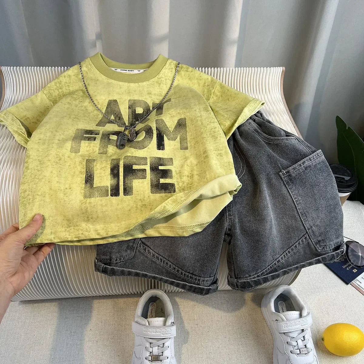 New Boys Fashion Summer Cotton Letter Printing T-shirts+Graffiti Denim Shorts 2pcs Set Kids Korean Outfits Sets Children Clothes