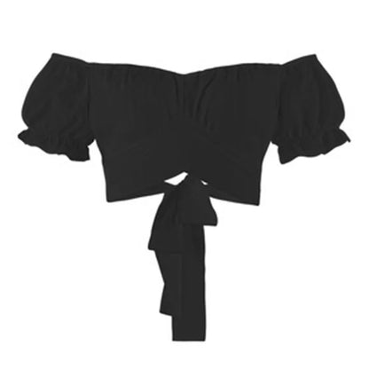 Sexy one line collar lantern short sleeved pleated women's top T-shirt summer pullover strapless fashion sweet top Y2K clothing