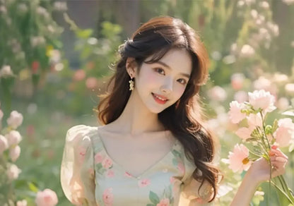 Beautiful Temperament Super Good-looking High-end Exquisite Waist-hugging Floral Puff Sleeve Dress for Women