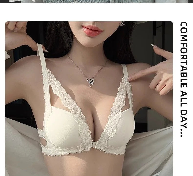 Front button underwear ladies small breasts gathered 2025 spring summer new sexy pure lace white beautiful back bra set