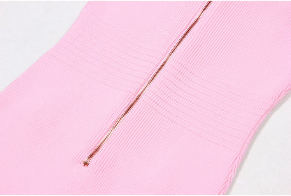 2025 Spring/Summer New Fashion Knitted Elastic Short Sleeve Solid Color Gold Button Slimming Style Commuter Women's Dress