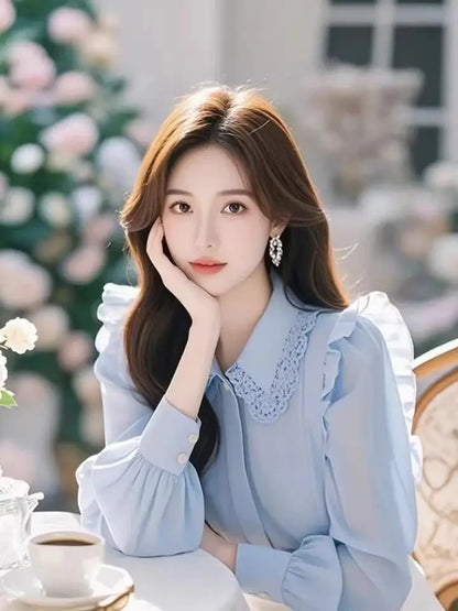 Blue Long Sve irt Women's Faionable Beautiful Top Small Flng Sve Design Spring Sli Good Looking Ele Garment
