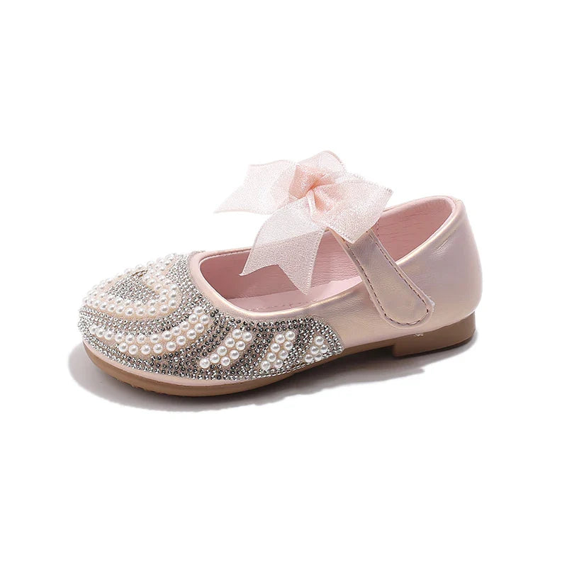 Girls Rhinestone Shoes with Big Heart Pearl Lace Bowtie Fashion Princess Sweet Kids Dress Flats for Wedding Party Chic Elegant
