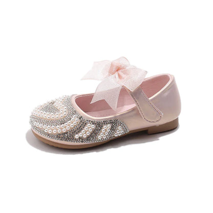 Girls Rhinestone Shoes with Big Heart Pearl Lace Bowtie Fashion Princess Sweet Kids Dress Flats for Wedding Party Chic Elegant