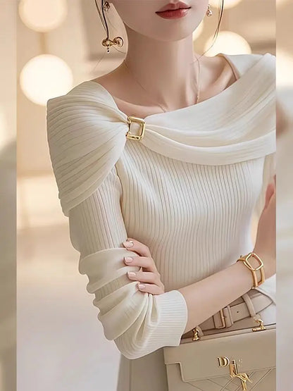 Ele White Knitted One-oulder Top for Women Early Autumn Design Unique Personali Commute Sle Slim Fit Long Sve T-...