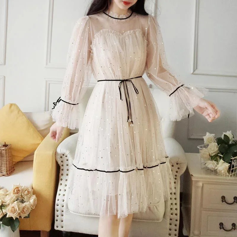 Mesh Dresses Women Patchwork Sequined Holiday O-Neck Spring Korean Style Elegant Vestido Feminino Sweet College Female Popular