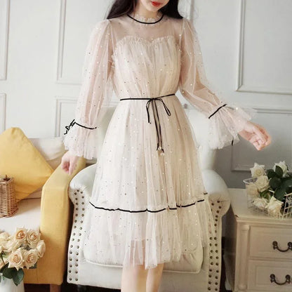 Mesh Dresses Women Patchwork Sequined Holiday O-Neck Spring Korean Style Elegant Vestido Feminino Sweet College Female Popular