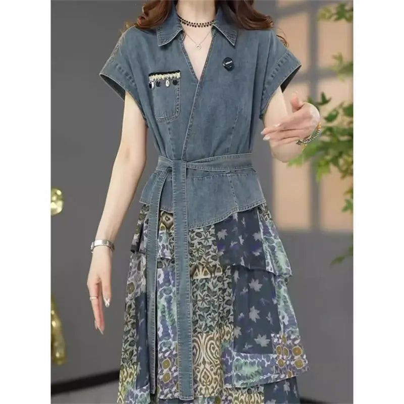 Women's Summer Dress Fake Two Piece Cowboy New Vintage Simple Loose Casual Design Fashion Advanced Soft Niche Versatile Skinny