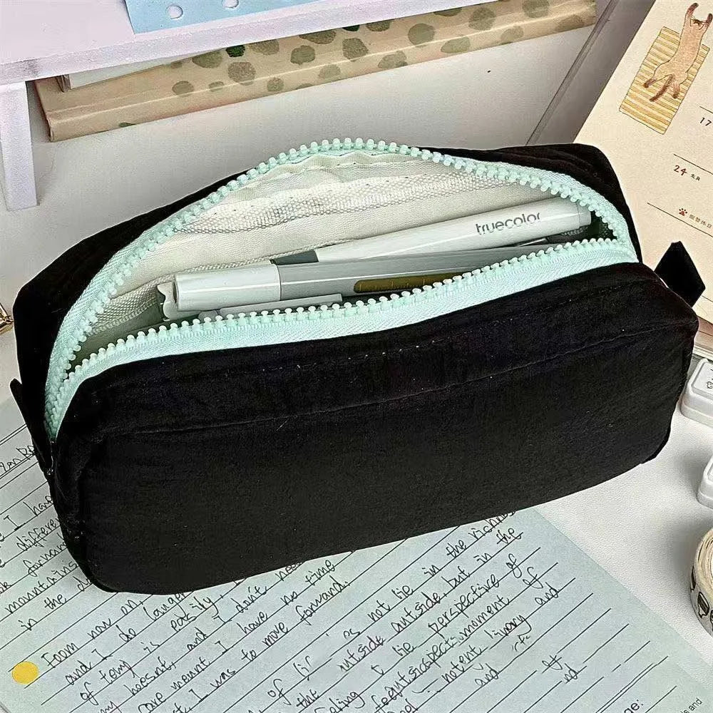 Simplicity Solid Color Pen Bag Zipper Design Large Capacity Pencil Case Portable Stationery Bag Gift