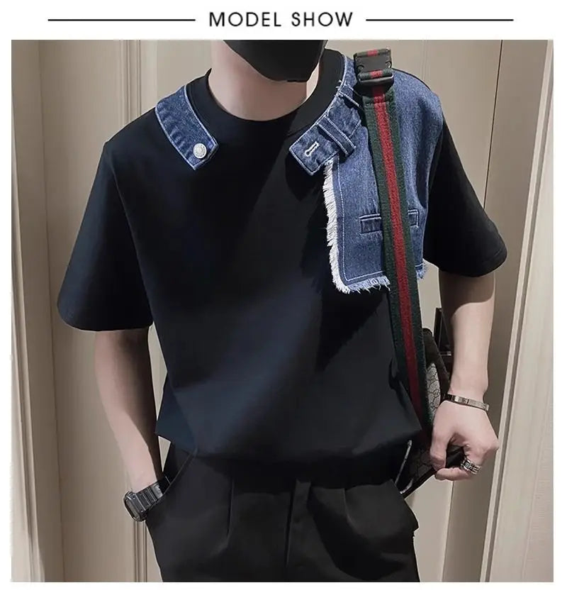 Men Trendy Vintage Denim Patchwork Design Tees Summer Short Sleeve Luxury Chic T Shirt Casual Round Neck Loose Tops Ropa Hombre  ( Available )