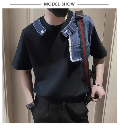 Men Trendy Vintage Denim Patchwork Design Tees Summer Short Sleeve Luxury Chic T Shirt Casual Round Neck Loose Tops Ropa Hombre  ( Available )