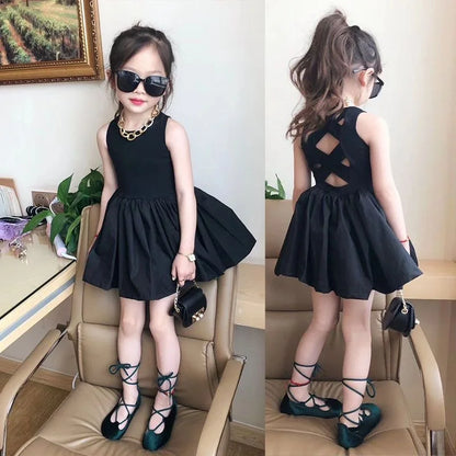 Summer Girls Elegant Goth Dresss Black Sleeveless Tutu Dress Backless Off Shoulder Party Kid Dresses 2 4 5 6 7 8 Years Old