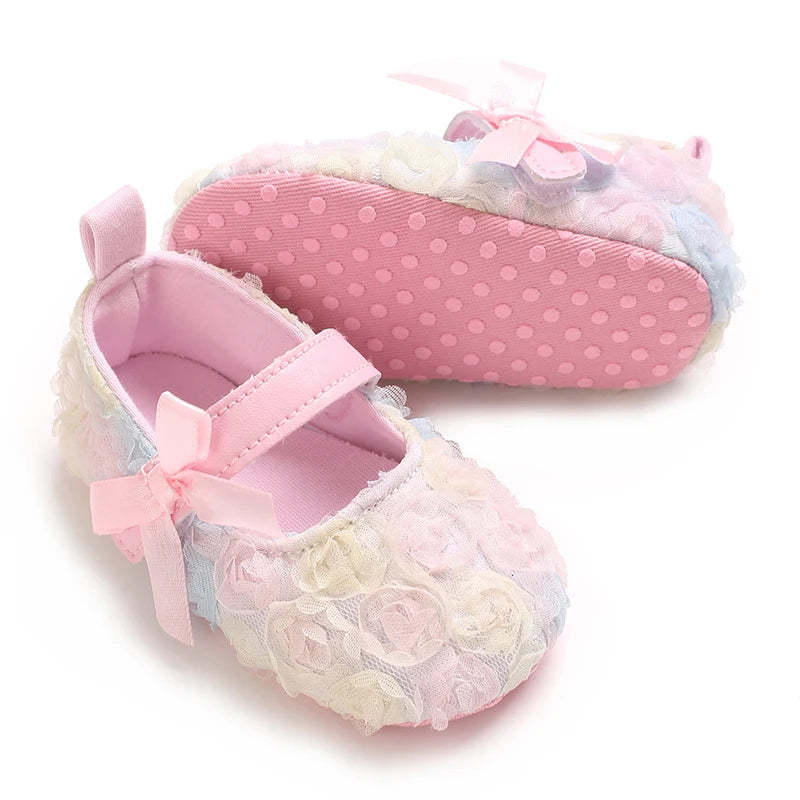 Cute Flower Baby Princess Shoes With Bow Decoration Soft Sole Comfortable Flat Shoes Suitable For 0-18M Infants And Toddlers