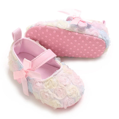 Cute Flower Baby Princess Shoes With Bow Decoration Soft Sole Comfortable Flat Shoes Suitable For 0-18M Infants And Toddlers