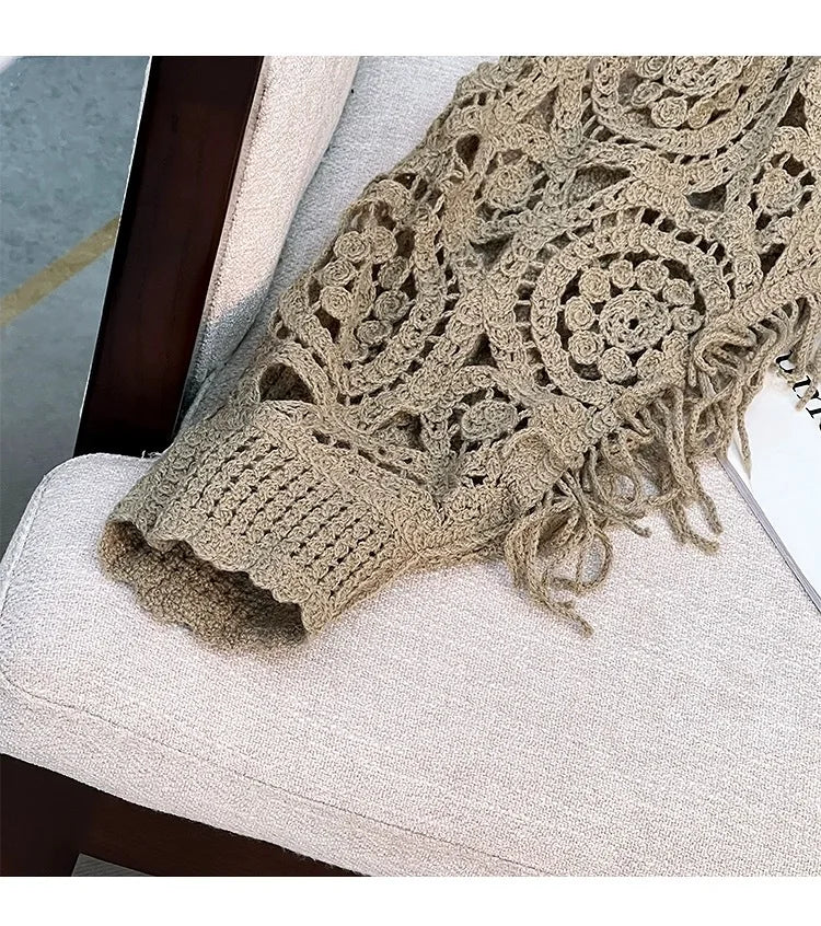 Women Tassel Hook Flower Hollow Out Short Knitting Retro Ethnic Style Round Neck Knitted Female Fashion Loose Top Spring Summer