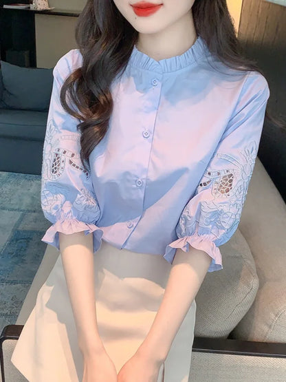Ele Embroidered ort Sve irt Women's Summer New Design Korean Sle Commute Lantern Sve White irt for Ladies