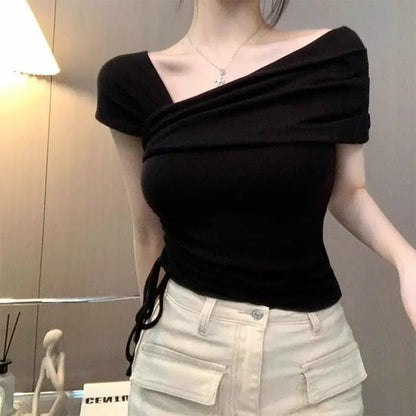 Skew Collar T-shirts Women Temperament Summer Sexy Lady Fashion Solid High Street Short Sleeve Hotsweet Club Slim Feminine Tees