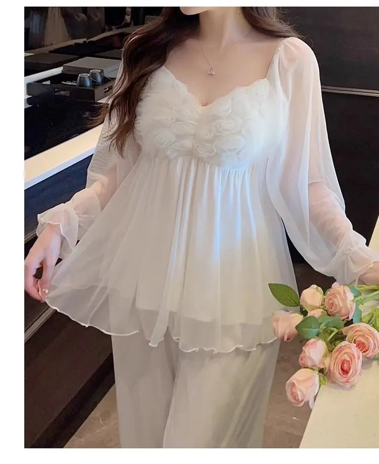 New Hot Luxury Elegant Long Sleeve Pajamas Set With Padded Bra Mesh Plus Size Women For Home Spring Autumn Summer Loungewear
