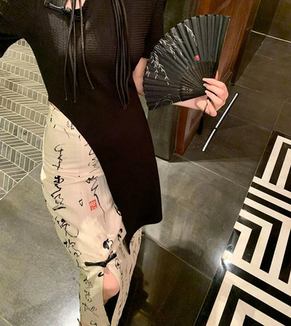 New Chinese Style High Grade Irregular Calligraphy Half Body Dress Fashion Qipao Two Piece Set Skirt Women's Summer Hanfu Suit
