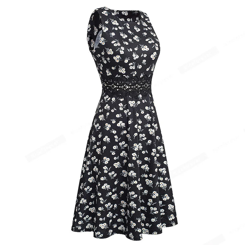 Women Vintage Casual Round Neck A line Summer Elegant Floral Lace Patchwork Sleeveless Tunic Party Swing Dress HA079